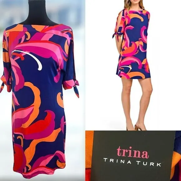 🔥🔥 TRINA TURK Vinet Scrolling Floral Three-quarter Sleeve Dress Size XS