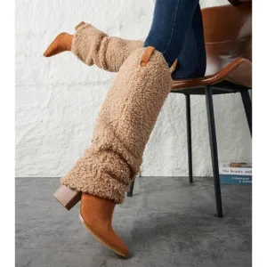 2024 Women Knee High Boots Western Cowboy Boots Chunky Heeled Warm Boo