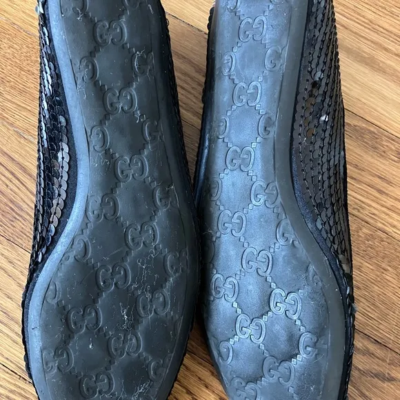 7 1/2 Gucci Black Sequin Ballet Flats with Suede Trim Vintage