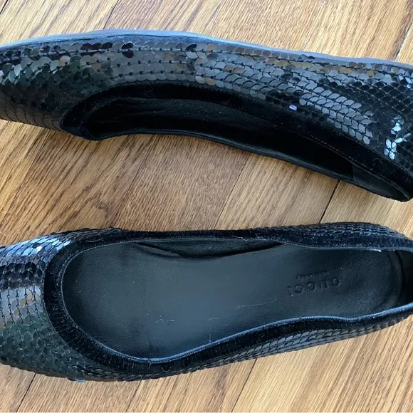 7 1/2 Gucci Black Sequin Ballet Flats with Suede Trim Vintage