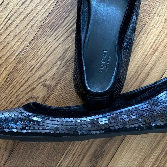 7 1/2 Gucci Black Sequin Ballet Flats with Suede Trim Vintage