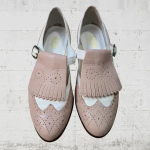 90s Vintage White Mauve Pink Kiltie Wingtip Leather Mary Jane Loafers Size 6.5