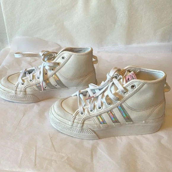 Adidas high top platform sneakers white with silver iridescence stripes size 6