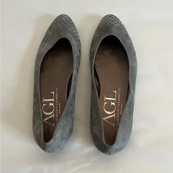 AGL Attilio Giusti Leombruni Mist Gray Suede Studded Grommet Ballet Flat…