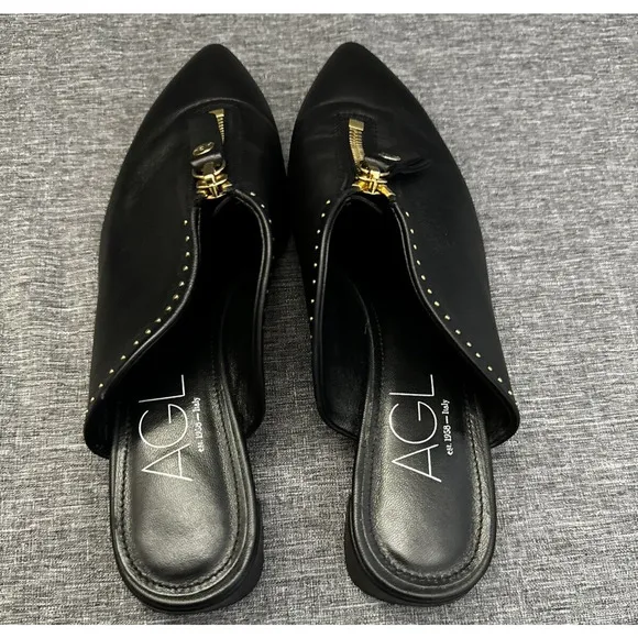 AGL Black Leather Flat Sandals Mules ITALY Size Eu 37 US 7M