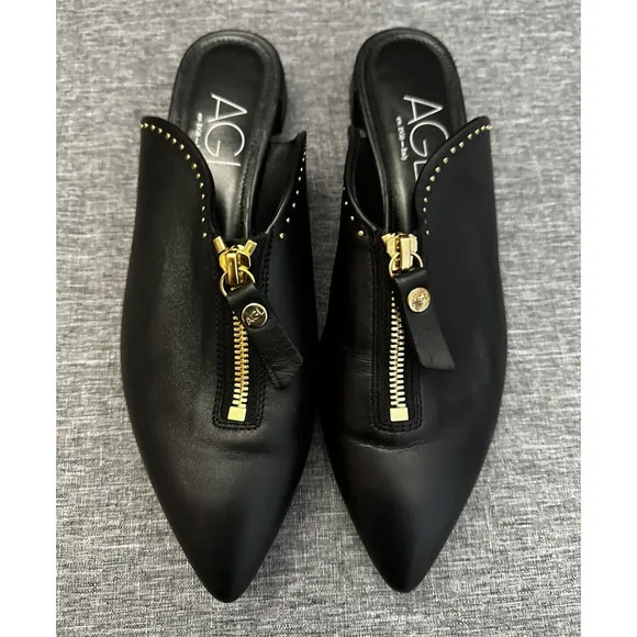 AGL Black Leather Flat Sandals Mules ITALY Size Eu 37 US 7M