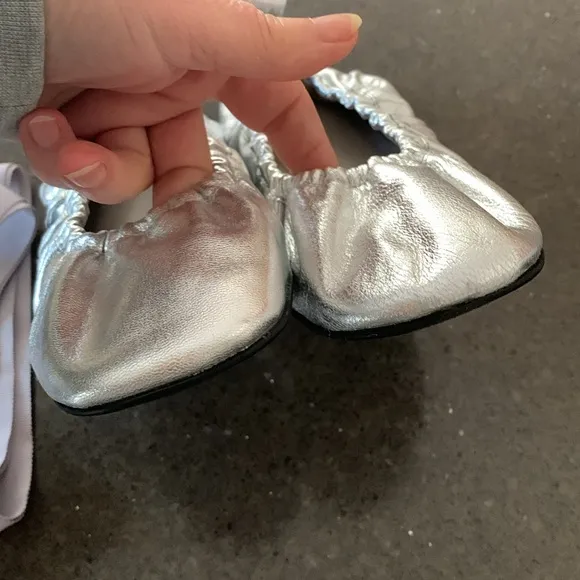 All Saints Metallic Silver Leather Ballet Flats With Ribbon 7