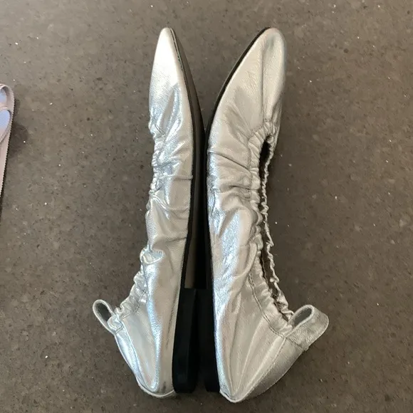 All Saints Metallic Silver Leather Ballet Flats With Ribbon 7