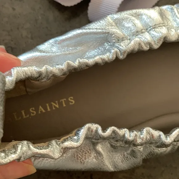 All Saints Metallic Silver Leather Ballet Flats With Ribbon 7