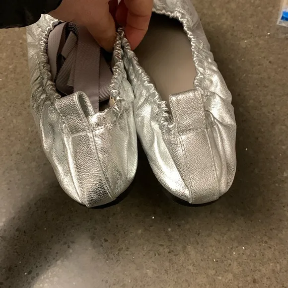 All Saints Metallic Silver Leather Ballet Flats With Ribbon 7