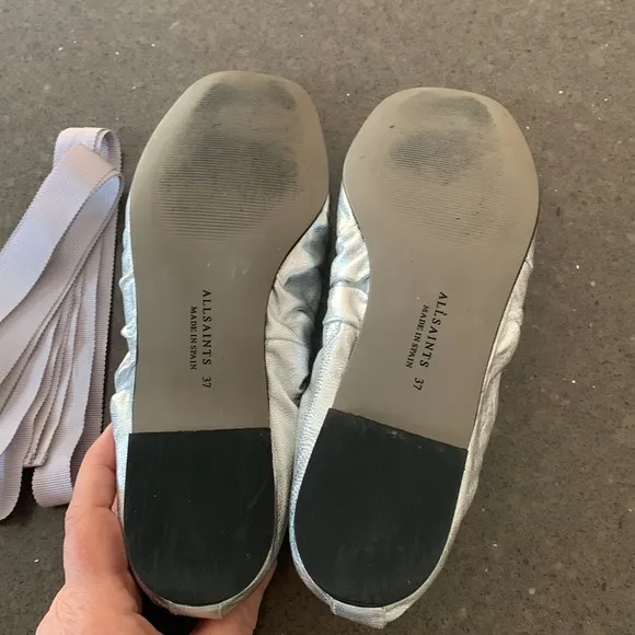 All Saints Metallic Silver Leather Ballet Flats With Ribbon 7