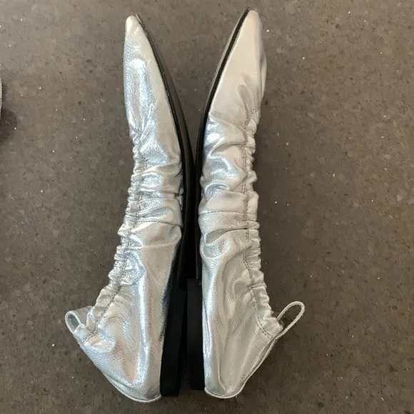 All Saints Metallic Silver Leather Ballet Flats With Ribbon 7