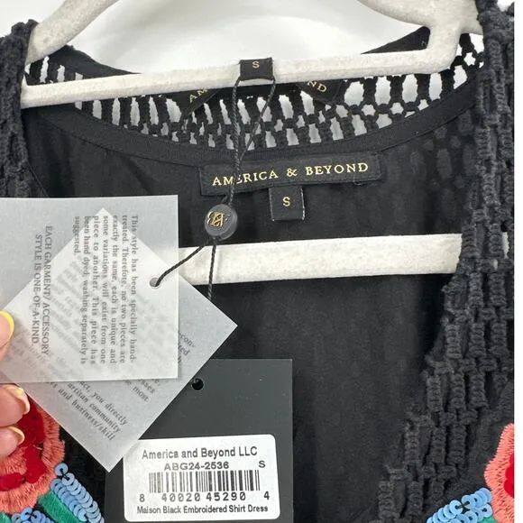 America &amp; Beyond Women's Maison Black Embroidered Shirt Dress Size S