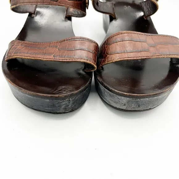 Ancient Greek Leather Brown Strappy Heel Strap Wedge Sandals Crocodile Size 39