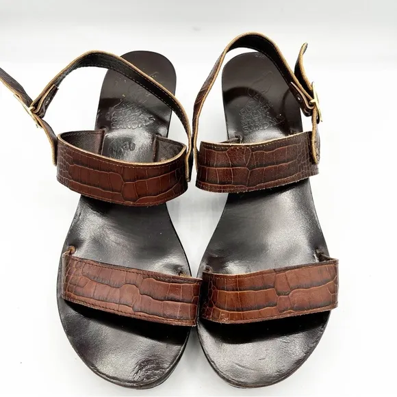 Ancient Greek Leather Brown Strappy Heel Strap Wedge Sandals Crocodile Size 39