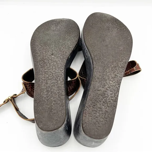 Ancient Greek Leather Brown Strappy Heel Strap Wedge Sandals Crocodile Size 39