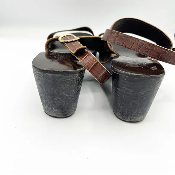 Ancient Greek Leather Brown Strappy Heel Strap Wedge Sandals Crocodile Size 39