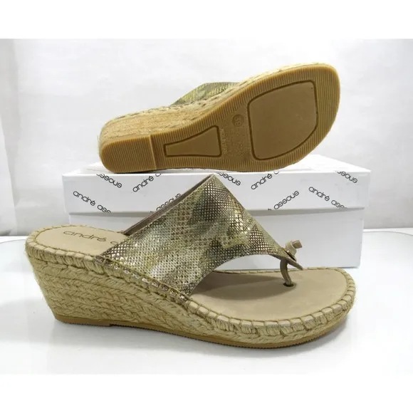 Andre Assous Annette Wedge Espadrille Thong Slide Sandal Beige Camo Size 8 EU 39