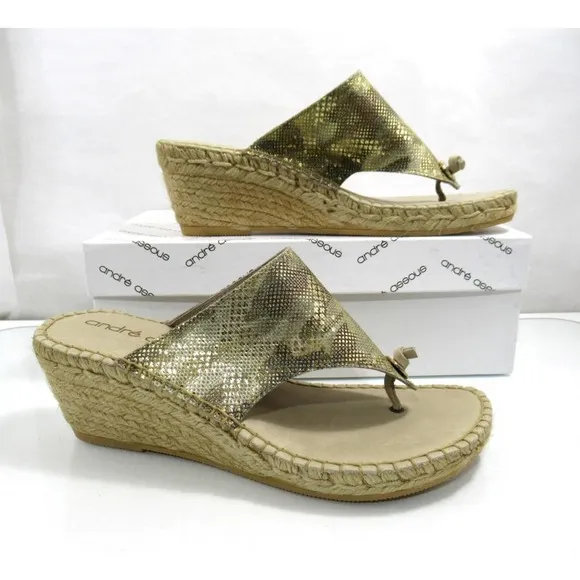 Andre Assous Annette Wedge Espadrille Thong Slide Sandal Beige Camo Size 8 EU 39