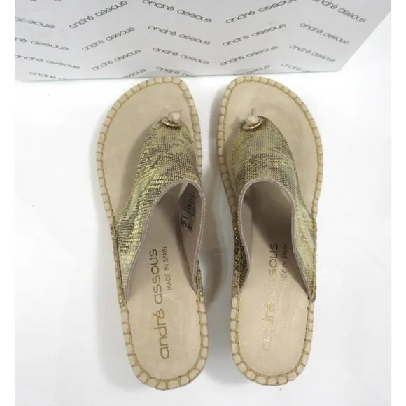 Andre Assous Annette Wedge Espadrille Thong Slide Sandal Beige Camo Size 8 EU 39