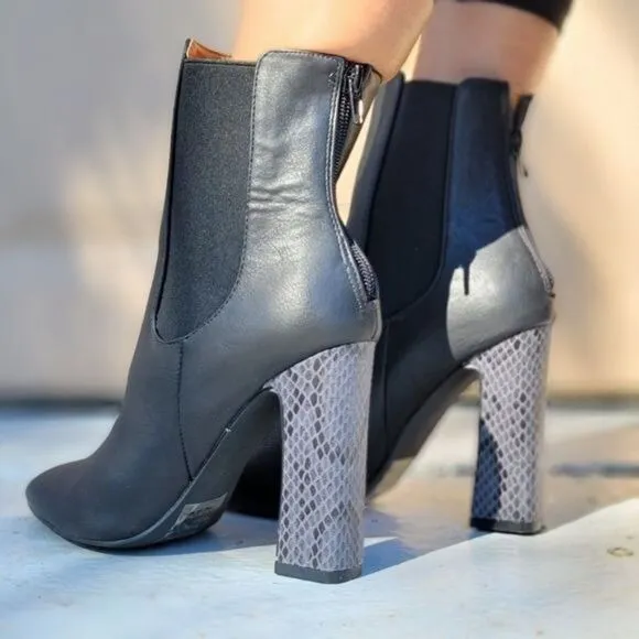 Ankle Zip Boots Pointed Toe Chunky Printed Block Heels