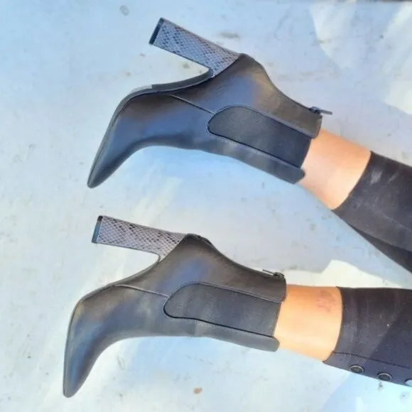Ankle Zip Boots Pointed Toe Chunky Printed Block Heels
