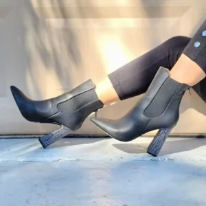 Ankle Zip Boots Pointed Toe Chunky Printed Block Heels