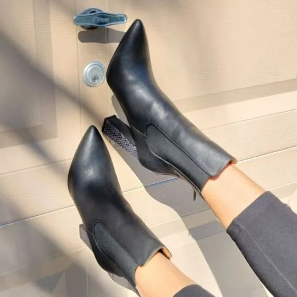 Ankle Zip Boots Pointed Toe Chunky Printed Block Heels