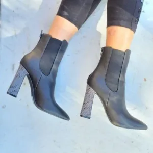 Ankle Zip Boots Pointed Toe Chunky Printed Block Heels