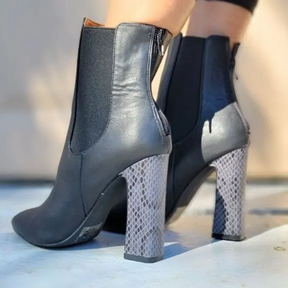 Ankle Zip Boots Pointed Toe Chunky Printed Block Heels