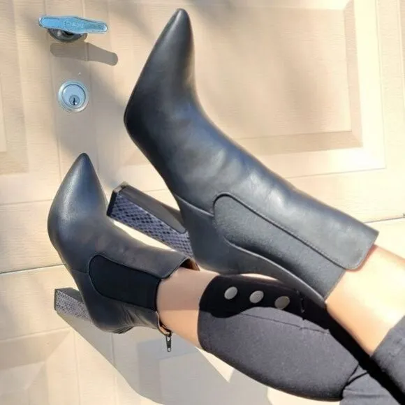 Ankle Zip Boots Pointed Toe Chunky Printed Block Heels