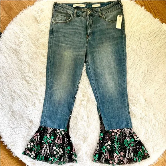 Anthro Pilcro High rise Embroidered Tiered cha cha flounce Lace Jean size 30 NWT
