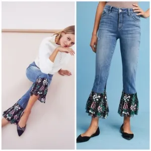 Anthro Pilcro High rise Embroidered Tiered cha cha flounce Lace Jean size 30 NWT