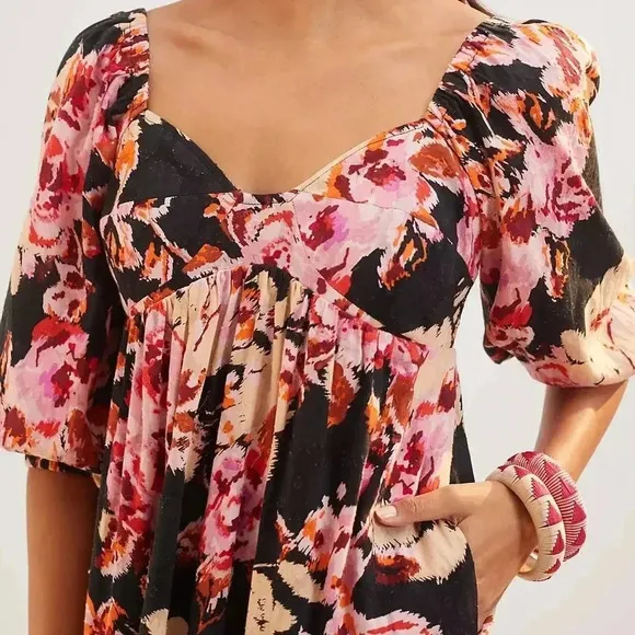 Anthropologie Blossom Textured Floral Smocked Back Maxi Dress Pockets
