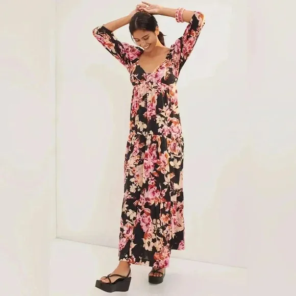 Anthropologie Blossom Textured Floral Smocked Back Maxi Dress Pockets