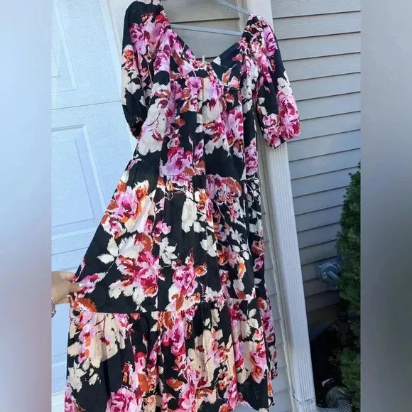 Anthropologie Blossom Textured Floral Smocked Back Maxi Dress Pockets