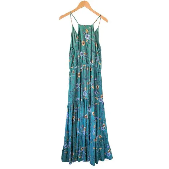 Anthropologie Dolan Verdure Maxi Dress Medium Boho Green Floral Tiered Strappy