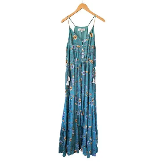 Anthropologie Dolan Verdure Maxi Dress Medium Boho Green Floral Tiered Strappy