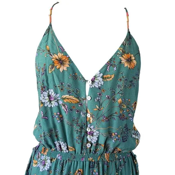 Anthropologie Dolan Verdure Maxi Dress Medium Boho Green Floral Tiered Strappy