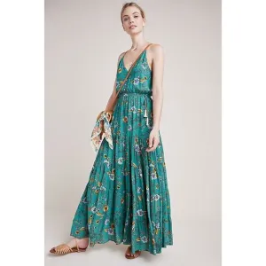 Anthropologie Dolan Verdure Maxi Dress Medium Boho Green Floral Tiered Strappy