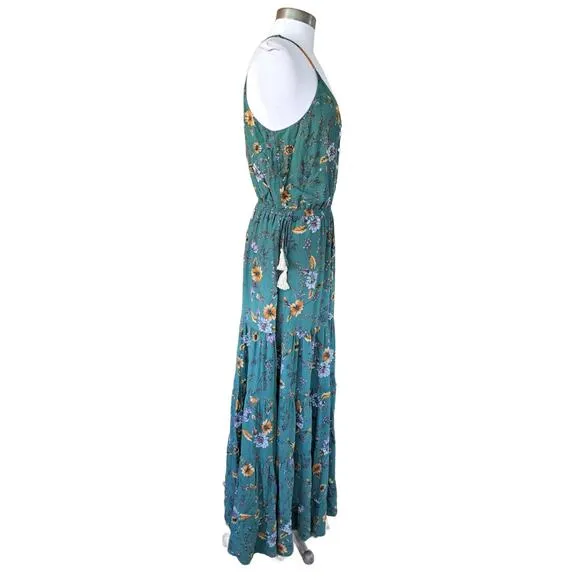 Anthropologie Dolan Verdure Maxi Dress Medium Boho Green Floral Tiered Strappy