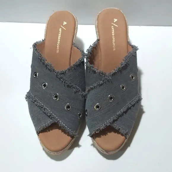 Anthropologie Grommet Wedge Sandals Jute Eapadrille Criss Cross Blue Size 40 (9)