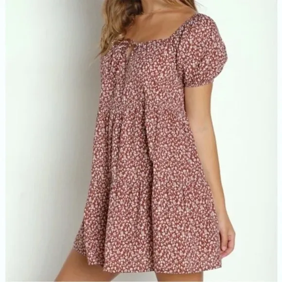 Anthropologie × Lacausa Playa Mini Babydoll Mushroom Dress Cocoa Magic MED NEW