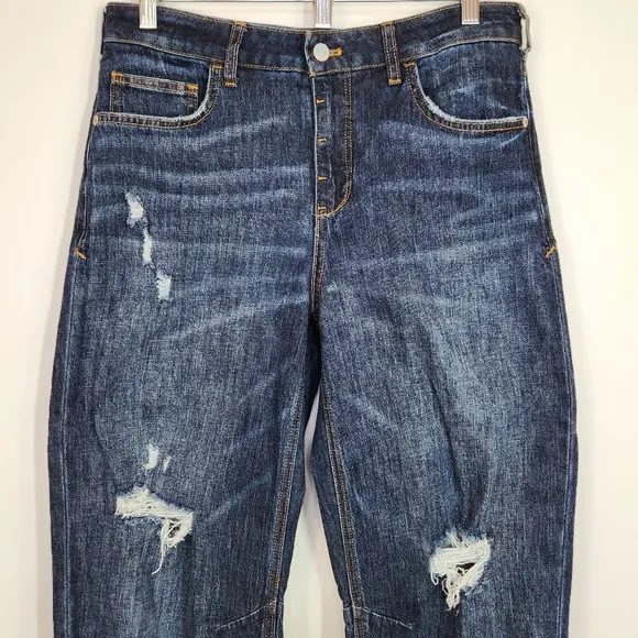 Anthropologie Petite Pilcro Bow Boyfriend Curved Leg Jean Cropped Distressed 28P