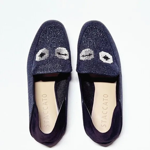 Anthropologie Staccato Navy Glitter Smoking Loafer Wink Eye Motif Sparkle Finish