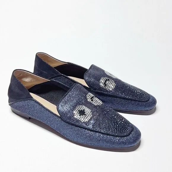 Anthropologie Staccato Navy Glitter Smoking Loafer Wink Eye Motif Sparkle Finish