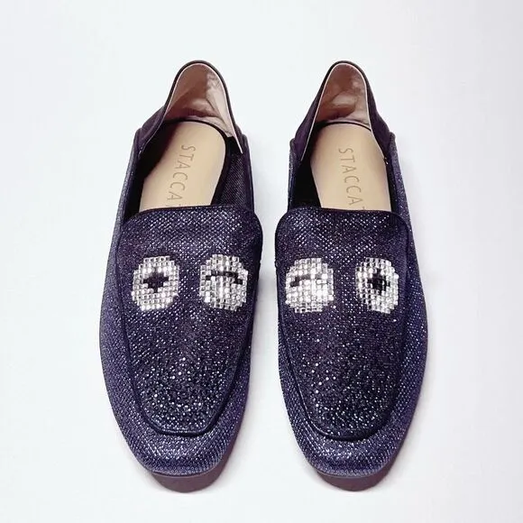 Anthropologie Staccato Navy Glitter Smoking Loafer Wink Eye Motif Sparkle Finish