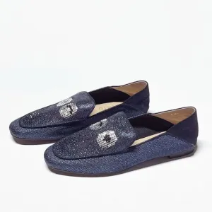 Anthropologie Staccato Navy Glitter Smoking Loafer Wink Eye Motif Sparkle Finish