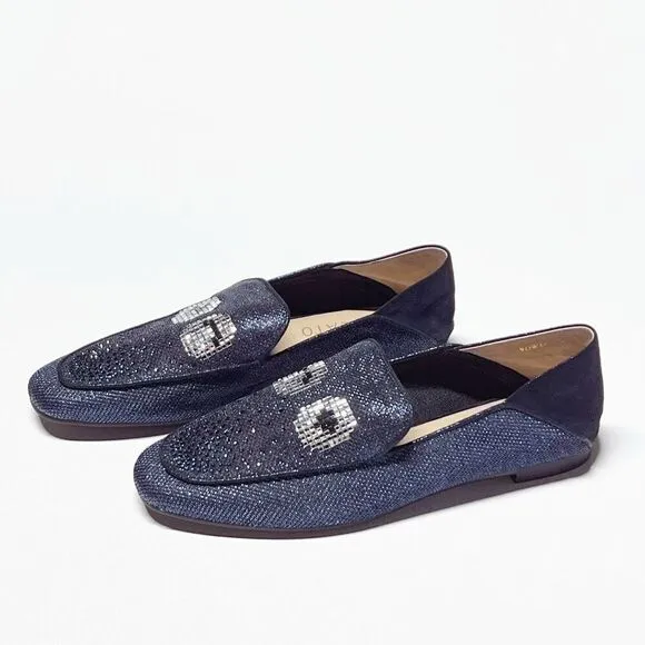 Anthropologie Staccato Navy Glitter Smoking Loafer Wink Eye Motif Sparkle Finish