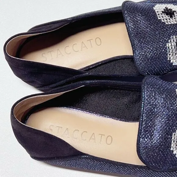 Anthropologie Staccato Navy Glitter Smoking Loafer Wink Eye Motif Sparkle Finish